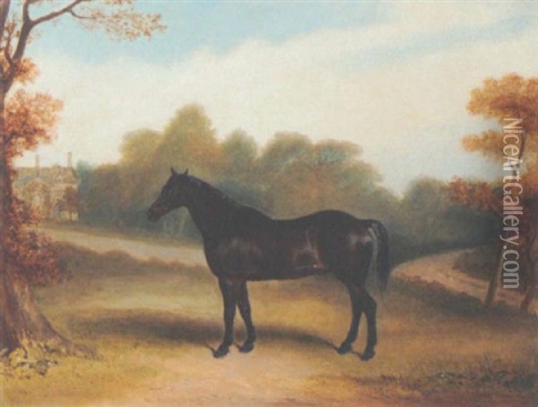 A Dark Bay Hunter In The Grounds Of A Country House Oil Painting - Claude Lorraine Ferneley