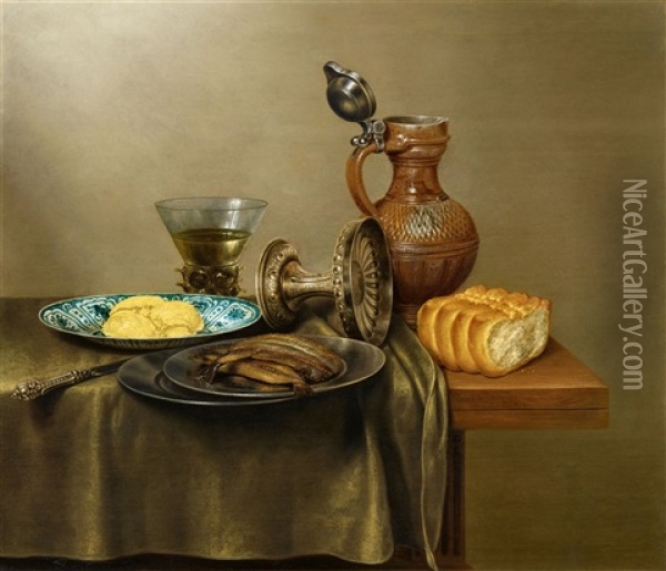 Still Life With A Herring, Rummer, Wanli Dish, And Bread Oil Painting - Gerrit Willemsz. Heda