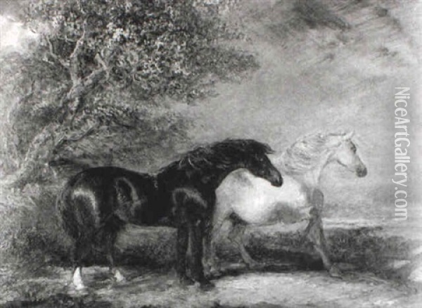 Two Horses In A Storm Oil Painting - John Ferneley Jr.