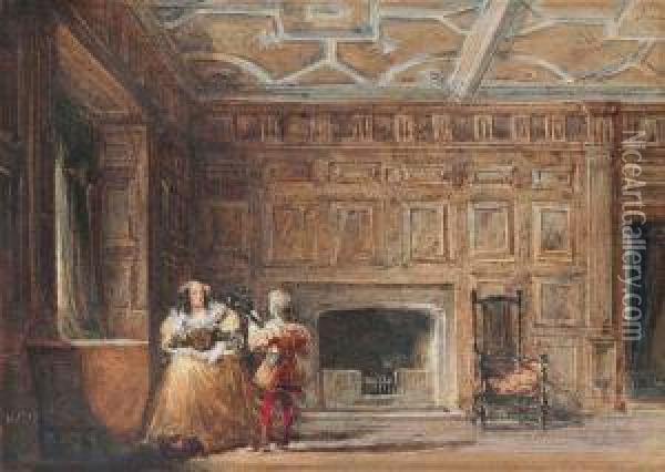Cox, Sen., O.w.s. Figures In Van Dyck Costume By The Fireplace, Haddon Hall Oil Painting - David I Cox