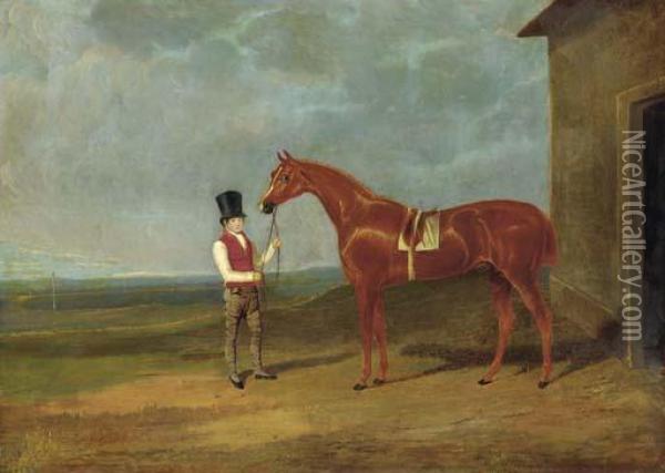 Mr. Dixon's Mountaineer, A Chestnut Colt, Held By A Groom Outside Astable Oil Painting - John Frederick Herring Snr