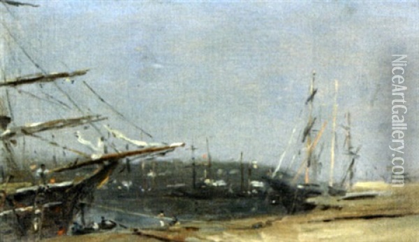 Bateaux A Quai Oil Painting - Adolphe Felix Cals