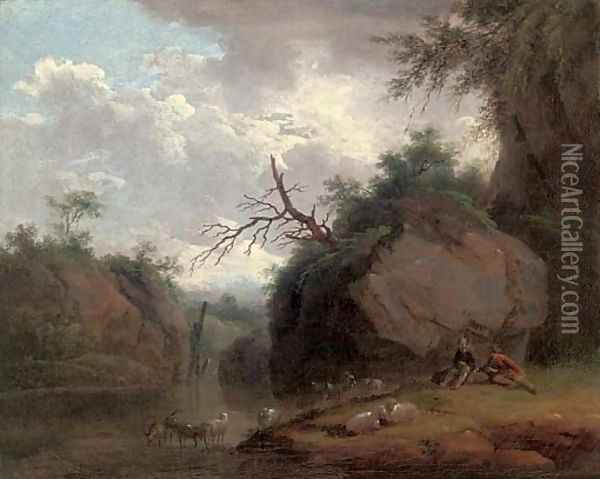 A wooded river landscape with shepherds and their flock Oil Painting - Christian Wilhelm Ernst Dietrich