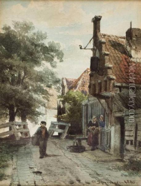 Hollandische Dorfstrasse Mit Figuren Oil Painting - Cornelis Springer