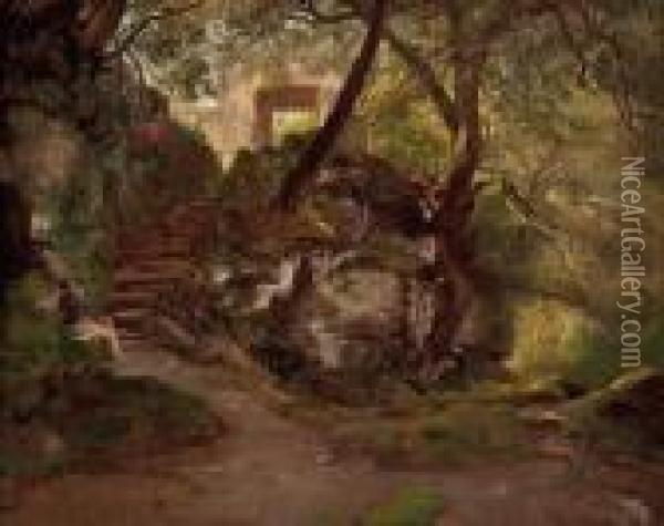Waldstuckmit Schlos, Treppe Und Sitzendem Wanderer Oil Painting - Carl Von Blaas