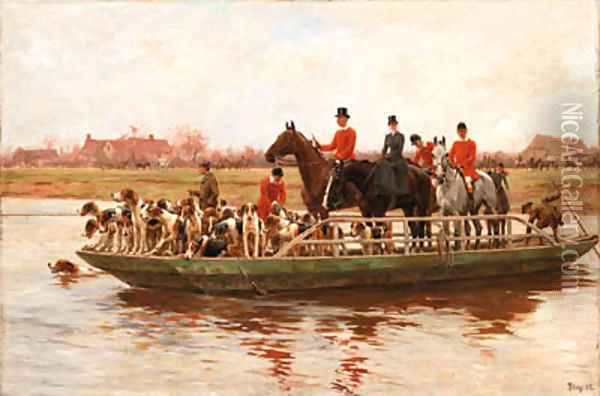 The York and Ainsty Hounds on the Ferry at Newby Oil Painting - Thomas Blinks