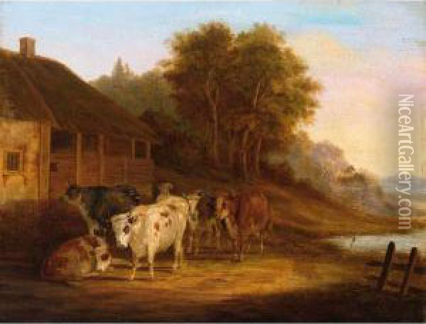Peasantwoman With Cattle On A Path Near A Stream Oil Painting - Janbaptist Ii Kobell