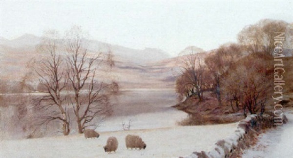 Sheep Grazing On The Banks Of A Snow Covered Loch Oil Painting - John Howard Lyon