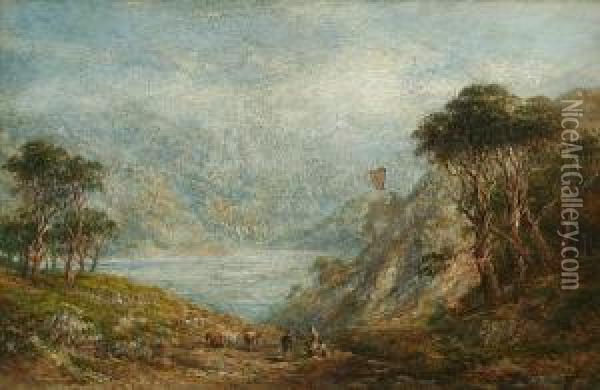 Scottish Loch Scene With Figures And Cattle Oil Painting - Frederick Henry Henshaw