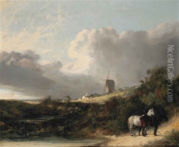 A View Near Woodbridge, With Two Horses By A Pond, A Windmill Beyond Oil Painting - John Crome the Elder