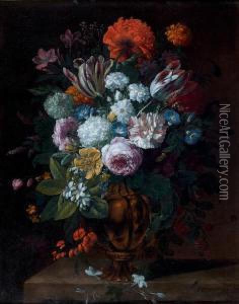 Bouquet De Fleurs Dans Un Vase De Bronze Sur Un Entablement Oil Painting - Gaspar-pieter The Younger Verbruggen