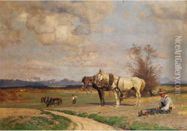 Pflugende Bauern Im Vorfruhling Oil Painting - Otto Struttzel