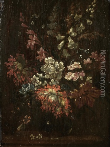 Chrysanthemums, Tulips, Forget-me-nots And Other Flowers In A Vase Oil Painting - Pieter Casteels the Younger