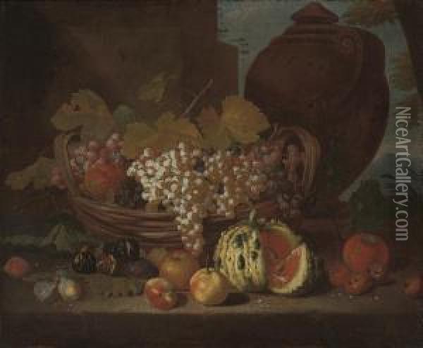 Red And White Grapes On The Vine
 In A Basket, With Peaches, Figs, Plums And A Mellon On A Stone Ledge, 
By A Column And An Urn, A Landscape Beyond Oil Painting - Michele Pace Del (Michelangelo di) Campidoglio