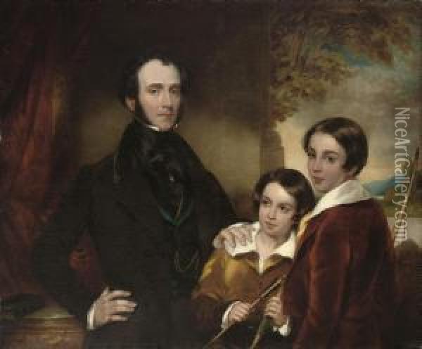 Portrait Of A Gentleman, Half-length, In A Black Coat With His Two Sons In Red And Yellow Coats, Holding Bows And Arrows, Beside A Partly-draped Column, A River Landscape Beyond Oil Painting - John Wood
