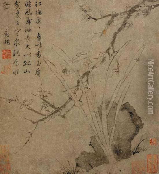 Plum Blossoms, Rock, And Narcissus Oil Painting - Zhengming Wen