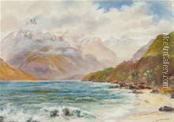 A Breezy Day, Lake Wakatipu, Cecil & Walter Peaks From One Mile Beach Oil Painting - Charles Blomfield