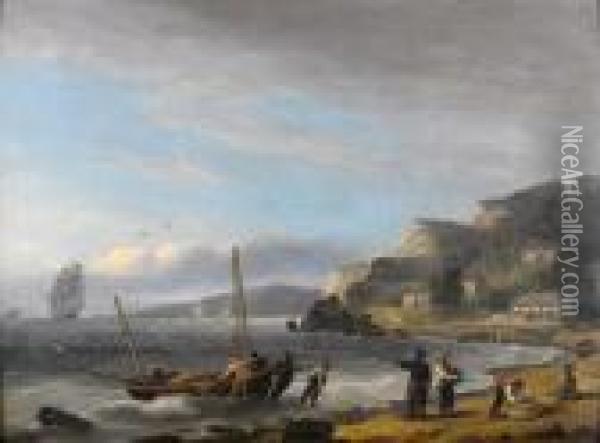 Hauling In The Lugger To Land The Catch At Babbacombe Bay Oil Painting - Thomas Luny