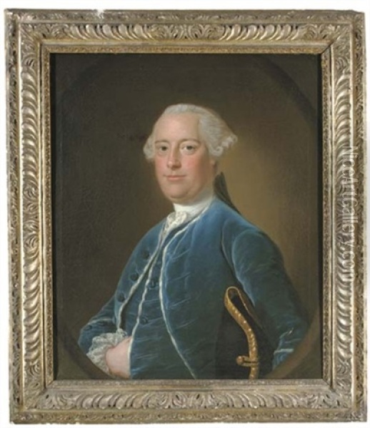 Portrait Of A Gentleman Of The Bastard Family, Of Kitley, Devon, Half-length, In A Blue Coat And Waistcoat, A Tricorn Under His Left Arm Oil Painting - Thomas Bardwell