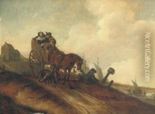 Peasants In A Horse-drawn Cart In A Dune Landscape Oil Painting - Adriaen Van Der Kabel