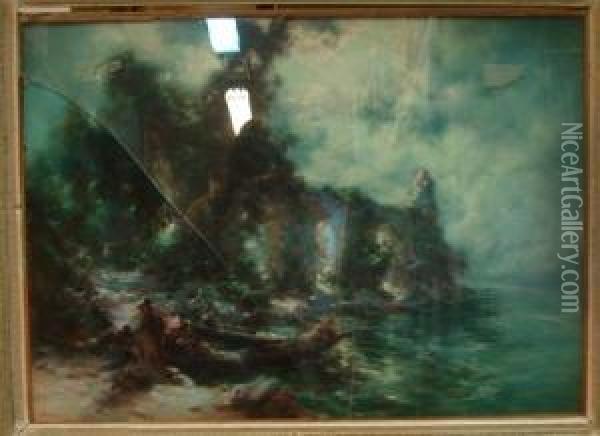 Personnages Au Bord De L'eau, Barque Et Pont Oil Painting - Guglielmo Stella