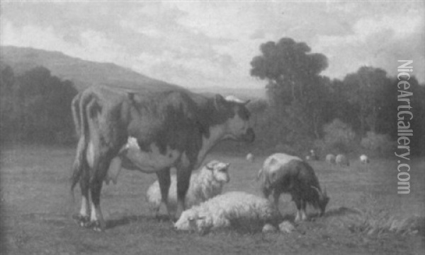 Ziegen, Schafe Und Kuhe In Weiter Hugellandschaft Oil Painting - Louis Robbe