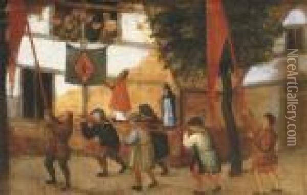 A Religious Procession In A Village: A Fragment Oil Painting - Pieter The Younger Brueghel