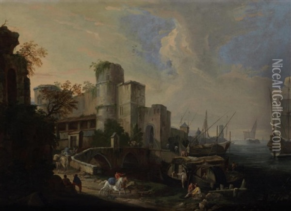 A Coastal Inlet With A Horseman Crossing A Bridge In The Foreground Oil Painting - Luca Carlevarijs