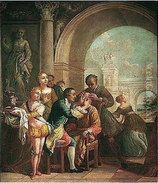 A Man Being Administered By A Doctor, In Elegant Architectural Surroundings Oil Painting - Giuseppe De Gobbis