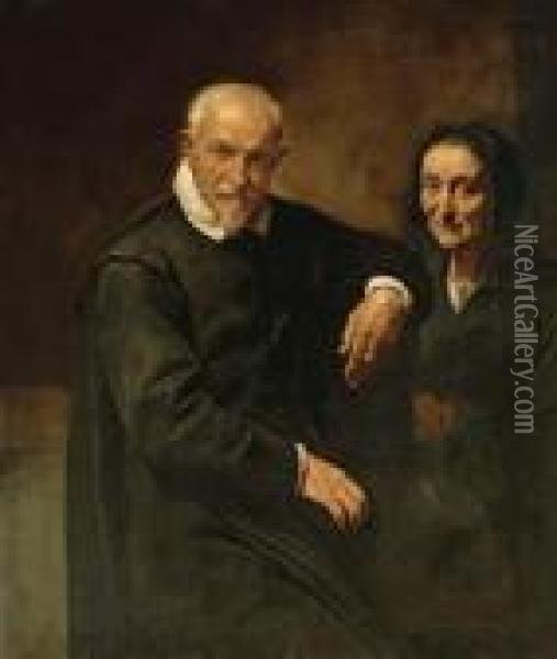 Portrait Of A Seated Gentleman And A Lady Holding A Rosary Oil Painting - Simone Cantarini Il Pesarese