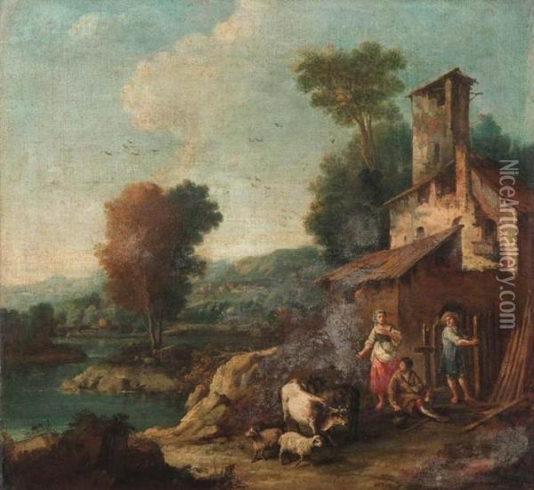 Paesaggio Fluviale Con Torrione, Tempietto E Carovana Di Viandanti Oil Painting - Giuseppe Zais