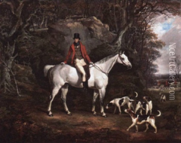 Portrait Of Rowland, Viscount Hill On His Grey Hunter With The Shropshire Hunt In The Distance Oil Painting - Richard Jones