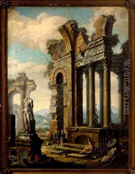 Capriccio Of Classical Ruins With Figures Oil Painting - Giovanni Paolo Panini