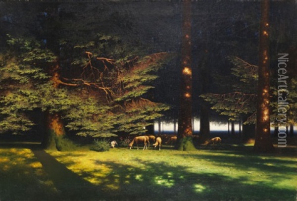Grasende Schafe Auf Der Waldlichtung Oil Painting - Paul Wilhelm Keller-Reutlingen