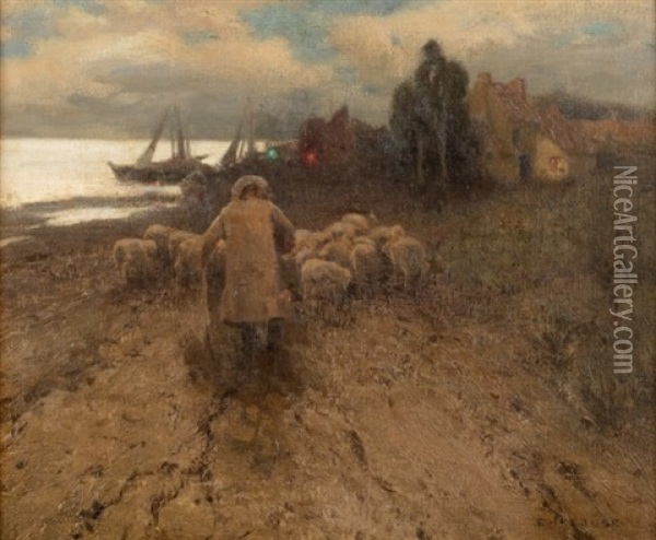 Shepherd With His Flock At Pas De Calais Oil Painting - Eanger Irving Couse