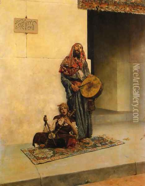 Street Musicians in a Middle Eastern Town Oil Painting - Antonio Maria Fabres Y Costa