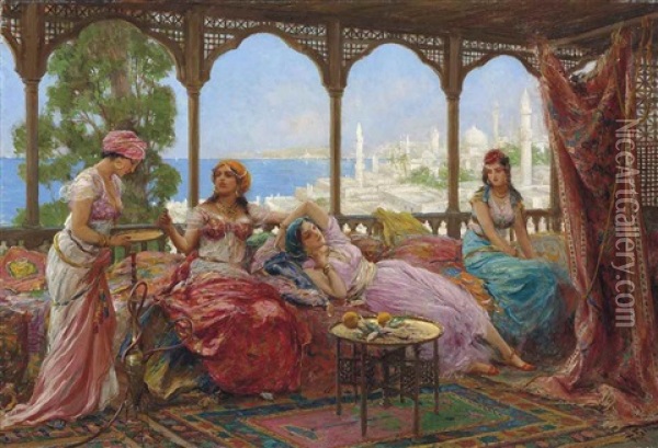 Resting On A Terrace Overlooking A Middle Eastern Coast Oil Painting - Fabio Fabbi