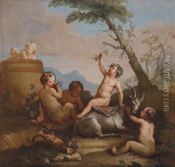 The Infant Bacchus And Putti, With A Goat In A Landscape Oil Painting - Hendrick Willelm Schweickhardt