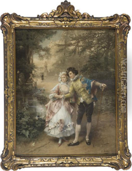 Rococo Style Print Of Acouple Strolling Through The Park. Oil Painting - Cesare-Auguste Detti
