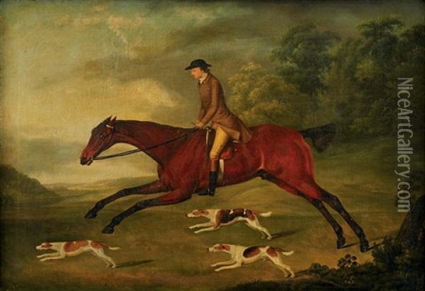 An Equestrian Portrait Of A Gentleman, Traditionally Identified As Mr. Heron, Mounted On A Bay Hunter, With Hounds In A Landscape Oil Painting - Thomas Stringer