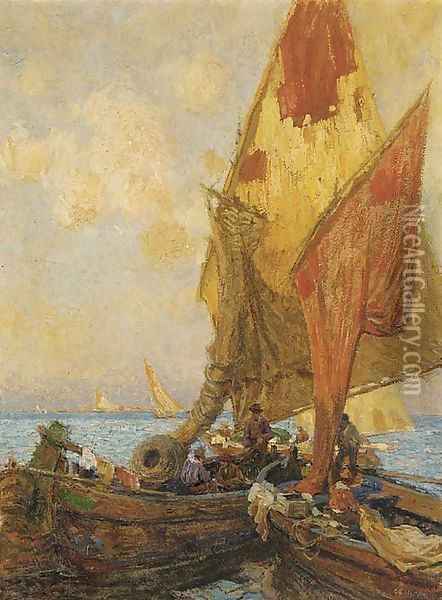 Fishermen on the lagoon, Venice Oil Painting - Gian Luciano Sormani