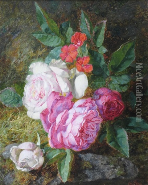 A Posy Of Roses On A Mossy Bank Oil Painting - Martha Darley Mutrie