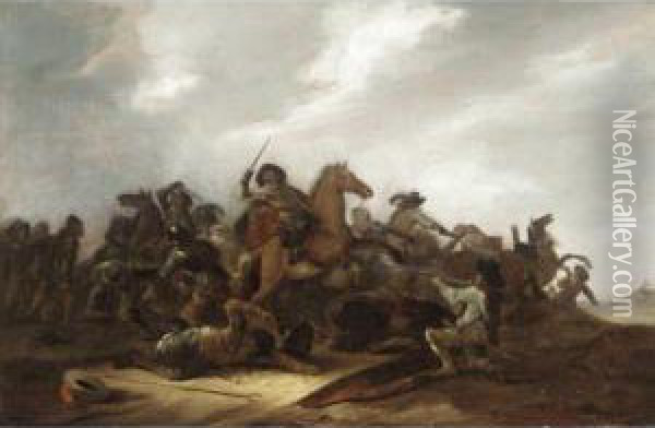 A Cavalry Battle Scene In A Landscape Oil Painting - Jacob Mathias Weyer