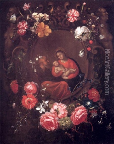 Guirnalda De Flores Con La Sagrada Familia Oil Painting - Jan van Kessel the Elder