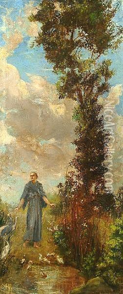 'st. Francis Preaching To The Birds'. Oil Painting - William Edward Frank Britten