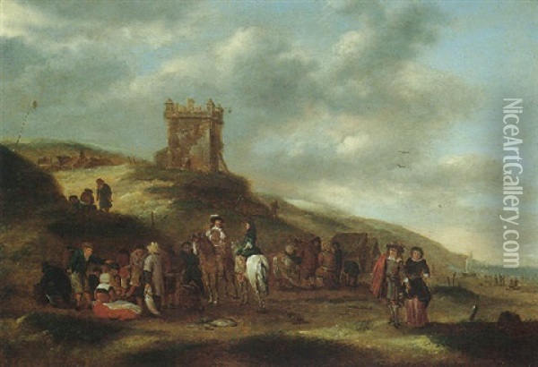 Beach Scene With Fishermen Selling Fish Oil Painting - Nicolaes Molenaer