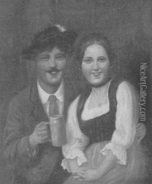 Smiling Couple In A Tavern Oil Painting - Ludwig Dominik Kohrl