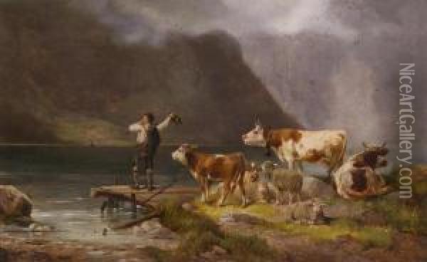 Shepherd Boy With His Herd By The Lake Shore Oil Painting - Ludwig Sellmayr