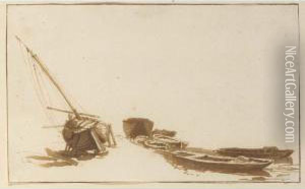 Study Of A Weyschuit On The Shore And Some Rowing Boats In The Water Oil Painting - Johannes Episcopius