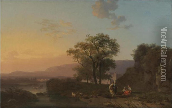 An Italianate River Landscape At Sunset With Shepherdesses Resting In The Foreground Oil Painting - Jacques Antoine Vallin